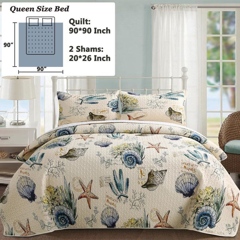 Coastal Quilt Set Lightweight Soft Beige Coastal Bedspread for Beach House Bedroom Decor Queen Quilt 2 Queen Shams